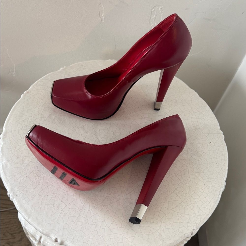 Gianmarco Lorenzi Bold Leather Red Heels Platform Square Toe Red Outsole Size 36